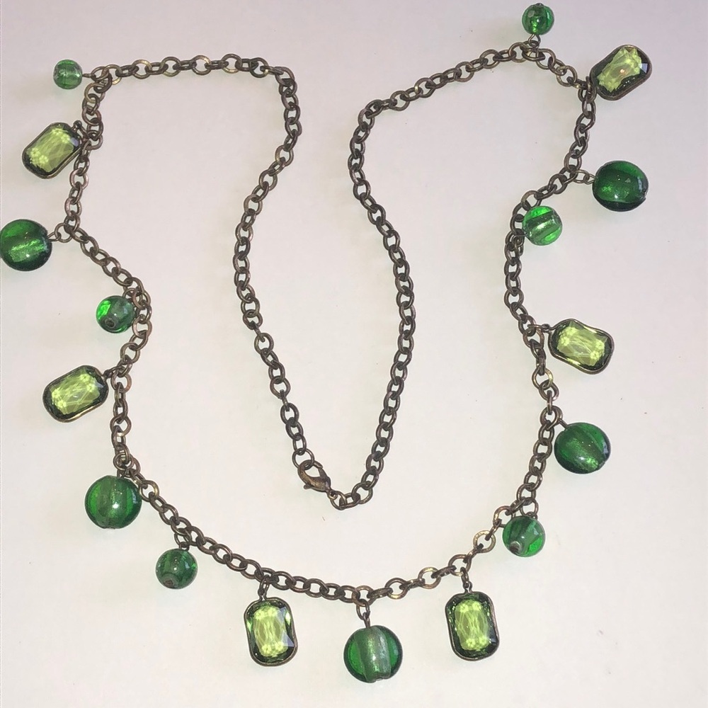 Elegant Brass Tone Green Glass Beaded Boho Necklace